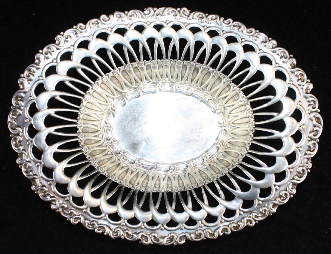 Whiting reticulated sterling basket: Whiting Mfg. Co. sterling silver bread basket oval serving dish with reticulated floral lattice work surrounded by rococo repousse border 2" x 8.25" x 10.25" 7.3 troy oz.