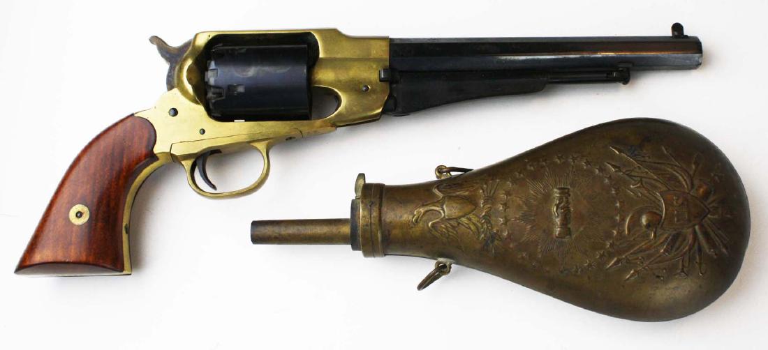 Italian- Remington New Model Army Style revolver: Italian Revolver After 1858 Remington New Model Army black powder revolver with brass frame in .44 cal, With Reproduction Peace flask .