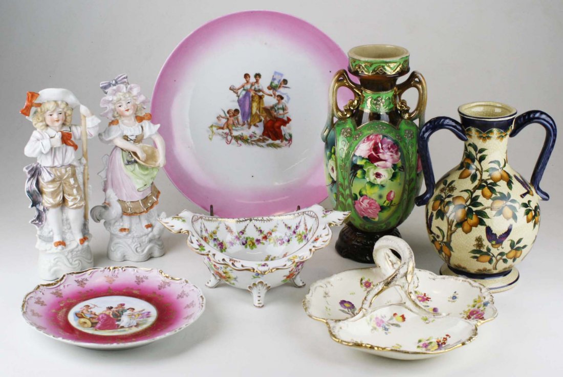 8 pcs. Porcelain incl. Dresden style dishes: lot of porcelain including Dresden footed floral dish, Royal Bonn floral divided dish, 2 mantel vases, 2 transfer dec. Bavarian portrait style plates, and 2 porcelain mantel figurines-Dresden footed d