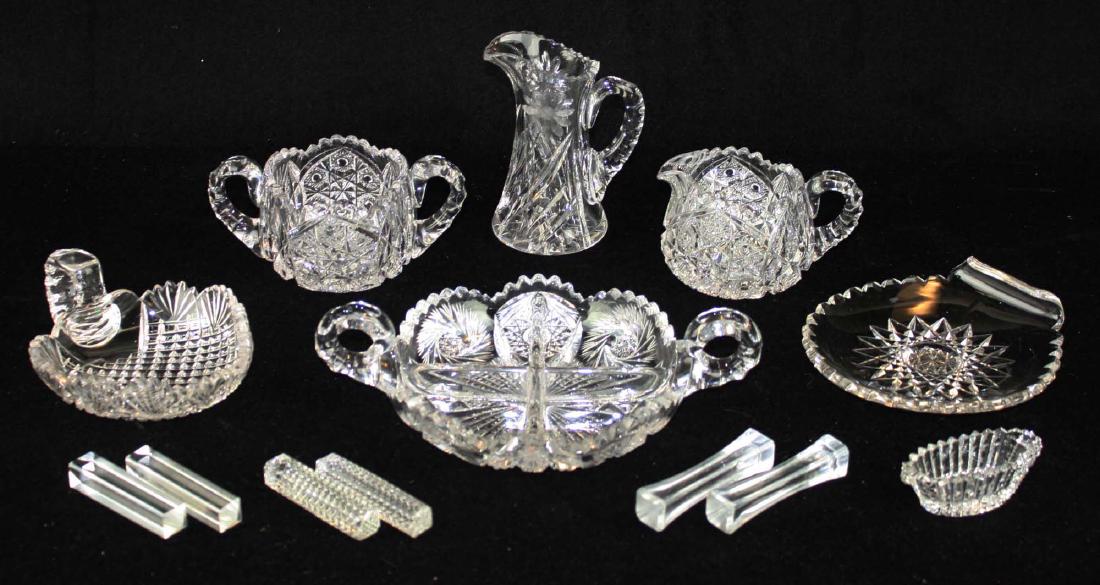 13 pcs American Brillant Cut Glass: 13 pcs American Brillant Period Cut Glass including small pitcher, diamond point handled nappy candy dish, divided double handled dish, sugar and creamer, unusual shell form dish, salt cellar, and 3 s
