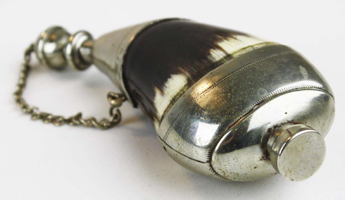 19th c Scottish priming/ powderflask: 19th c Scottish horn priming flask with silver mounting 6"