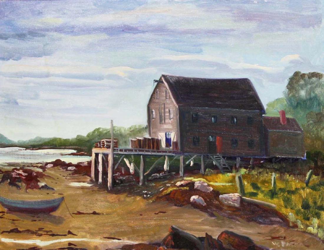 W. Pasko dock scene: W. Pasko oil on board painting of boat house at low tide 16 x 20 signed lower right