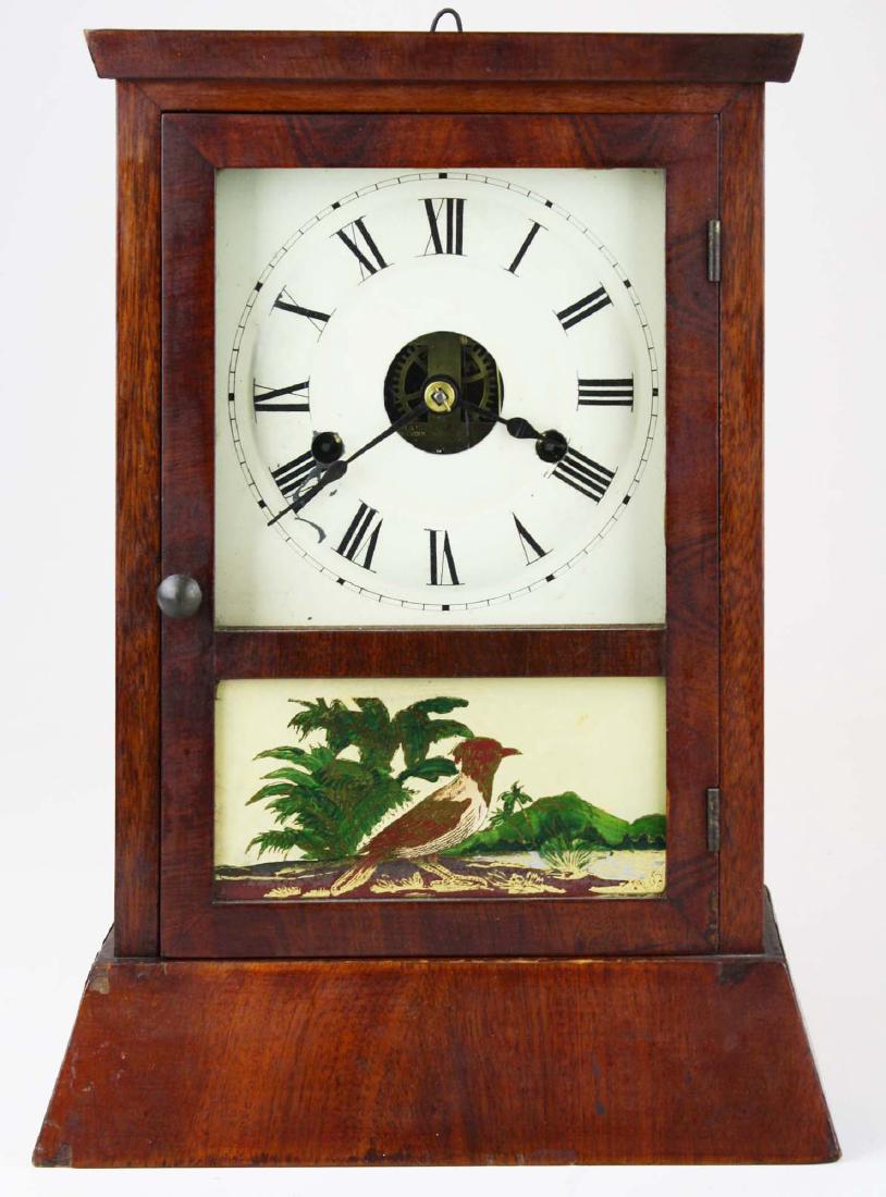 ca 1860 Seth Thomas 30 hour shelf clock: ca 1860 Seth Thomas shelf clock, gilt reverse lower panel, old paper label Thomaston, CT, brass works stamped Seth Thomas, Thomaston, Conn USA, ht 13 1/2" hands replaced