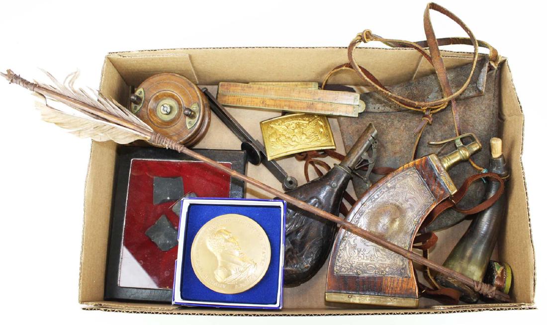 Lot including old powder horns: Lot including wooden and brass bound powder horn, Small powder horn, leather possibles bag, Btass gilt eagle belt buckle, two stanley folding rules, First Nations ArrowWooden fishing reel, Three Frenc