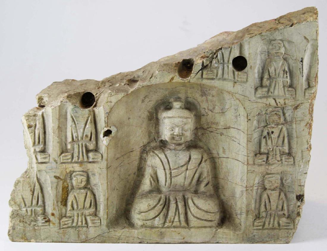 Asian carved stone Buddhist temple fragment: Asian carved stone Buddhist temple fragment, length 14", ht 11"