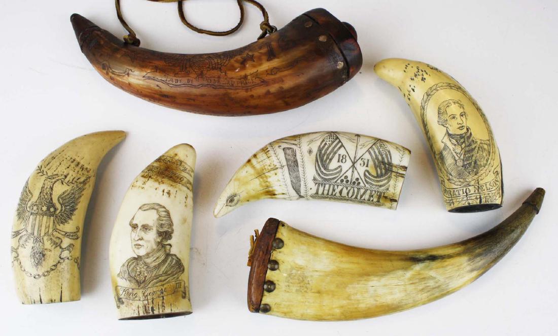 Lot of Reproduction scrimshaw: Four Resin whale's teeth Horatio Nelson, The Comet, Merrills Wharf, King George III The Royal George, Edward Price bicentennial decorated powder horn, another unusual flattened powderhorn