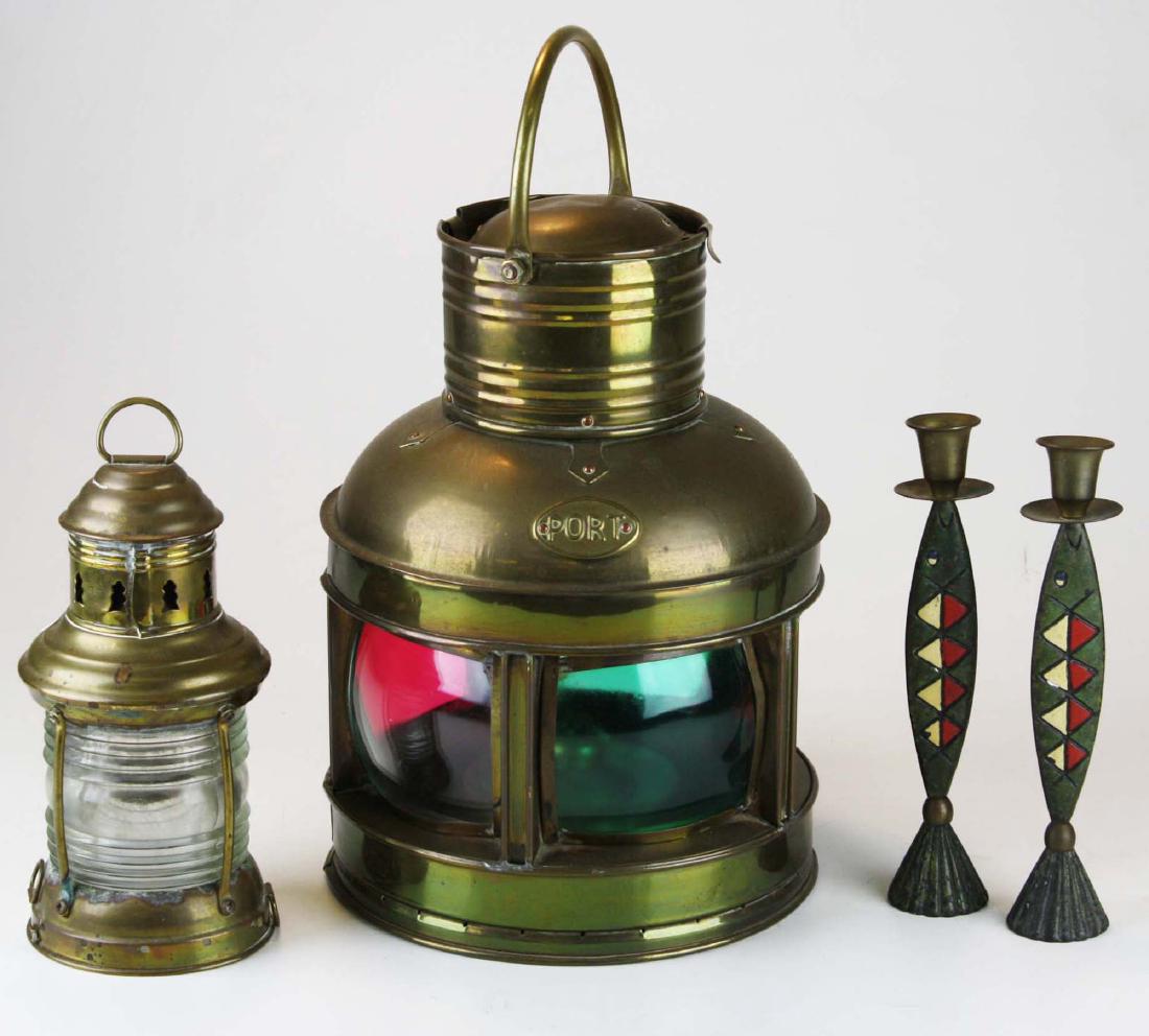 late 20th c brass ship's lamps, candlesticks: late 20th c brass ship's lamps, mid-century painted brass fish candlesticks, ht 15", 9"