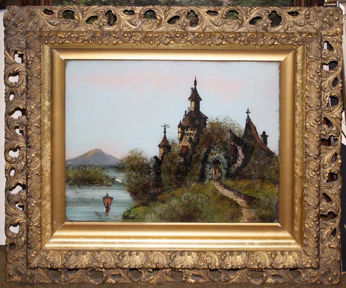 19th C reverse decorated landscape on glass (1 of 5)