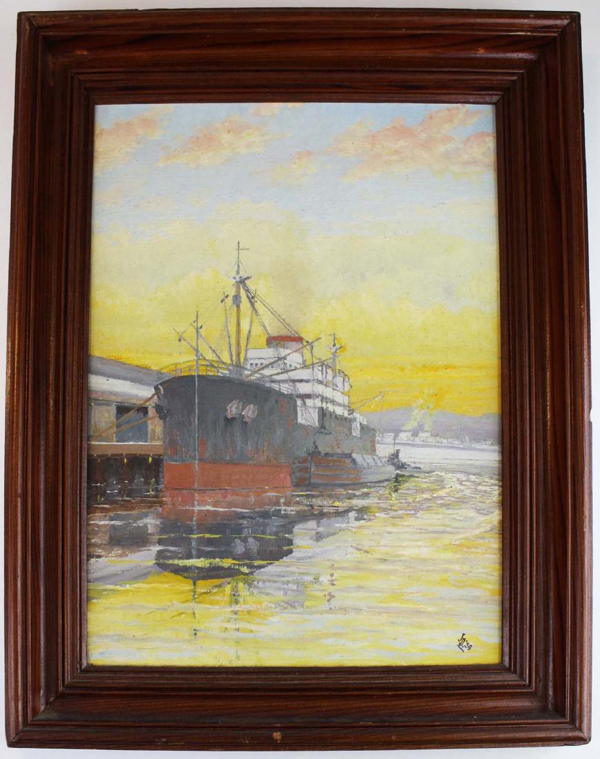 JD Douglas (American) Industrial scene: JD Douglas (American 20th C) Industrial scene of ship monogrammed lower right 16 x 12" oil on board