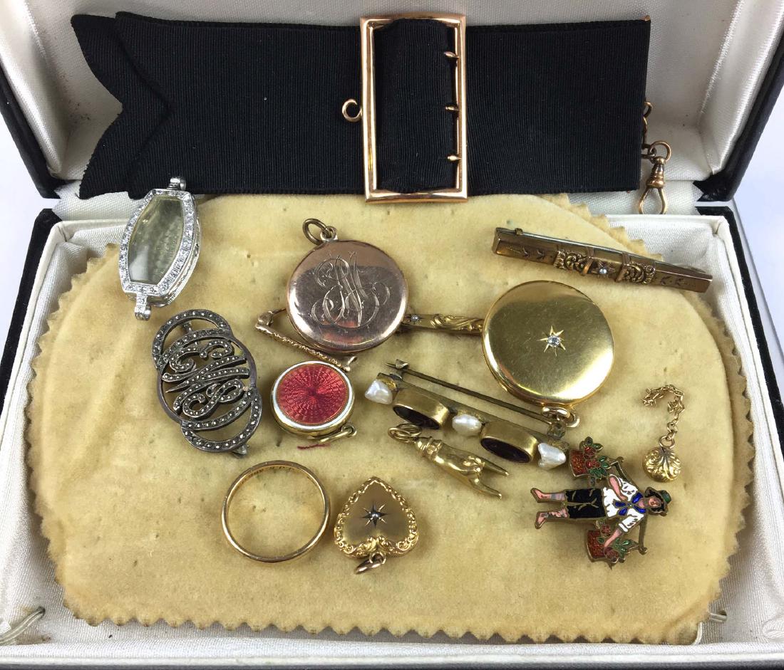 Group of gold and rolled gold pins, lockets, charms (1 of 3)