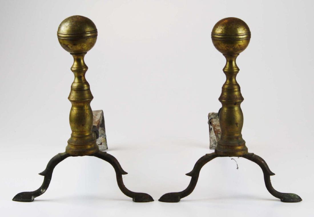 early 19th c Boston ball top andirons w/ slipper feet (1 of 2)