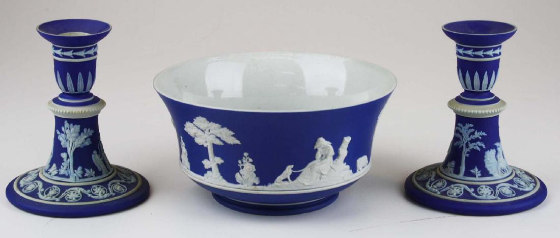 Wedgwood Jasperware candlesticks and bowl (1 of 6)