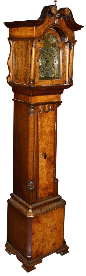 20th c John Thompson London clock: 20th c John Thompson London grandmother clock, Westminster chime works, fine burl veneers (a gift to Rusty Dewees from William Doyle), ht 57"