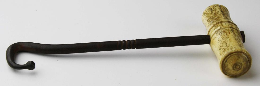 mid 19th c scrimshaw boot hook: mid 19th c scrimshaw boot hook w/ carved whale bone handle, length 7 1/4"