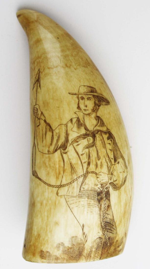 mid 19th c scrimshaw whale's tooth: mid 19th c scrimshaw whale's tooth w/ harpooner scratch decoration, ht 4 1/2"