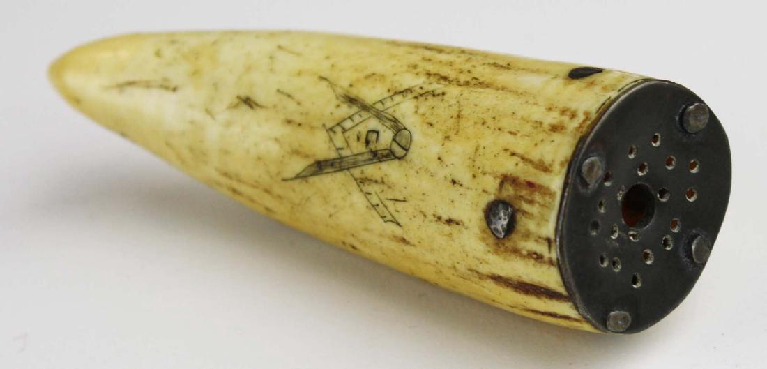 mid 19th c scrimshaw whale's tooth: mid 19th c scrimshaw whale's tooth sander w/ eagle & masonic scratch decoration, ht 3 1/2"