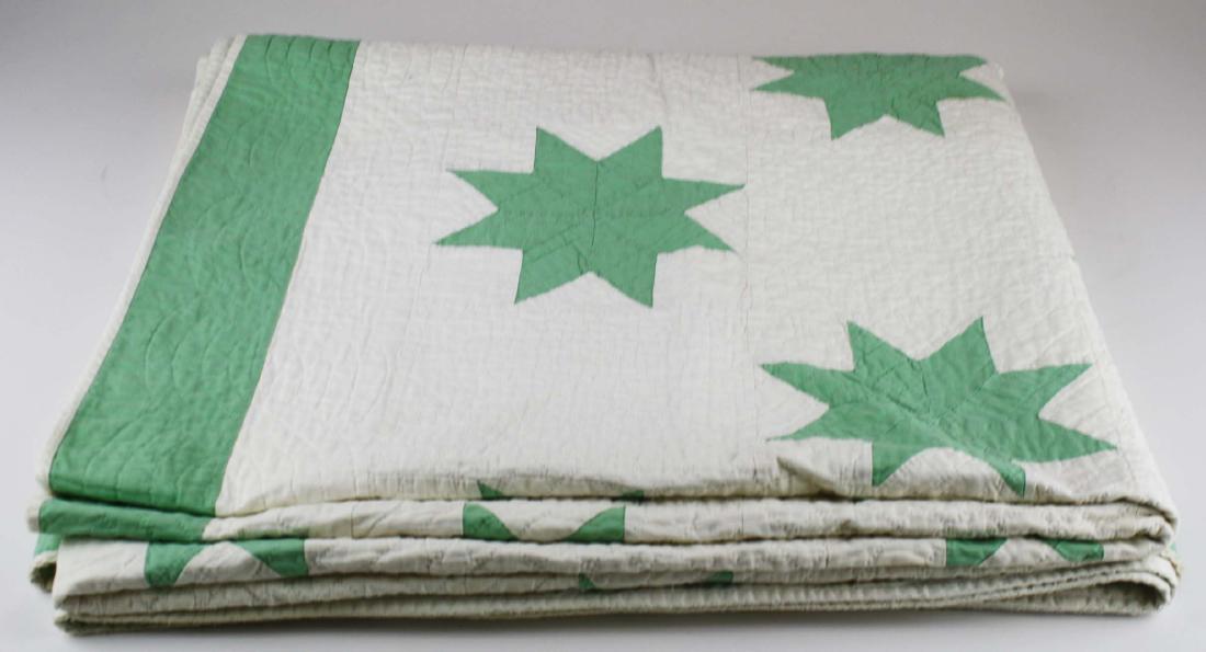 early 20th c green & white star pattern quilt (1 of 9)
