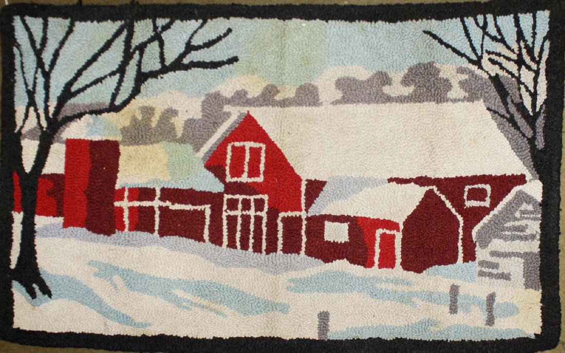 mid 20th c hooked rug of barns in winter (1 of 4)