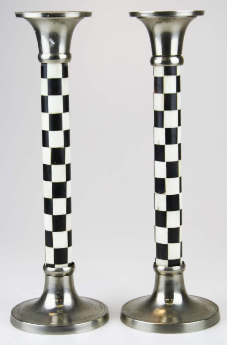 Pr of inlaid bone and horn candlesticks: Pr of checkered inlaid bone and horn nickle plated candlesticks 13.25"