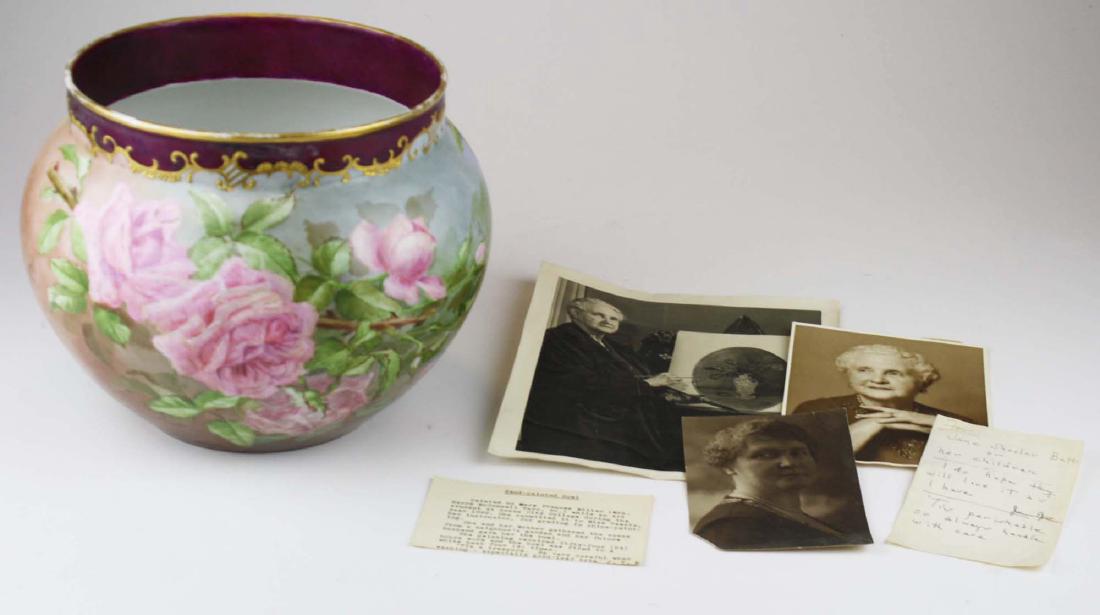 Jean Pouyat Limoges handpainted Jardiniere: Jean Pouyat Limoges porcelain jardiniere, handpainted with roses and gilt enamel rim executed in 1899 by Mary Frances Miller (Mrs. Harry McConnell Tarr Sr.) "required 54 hours work, with supporting ph