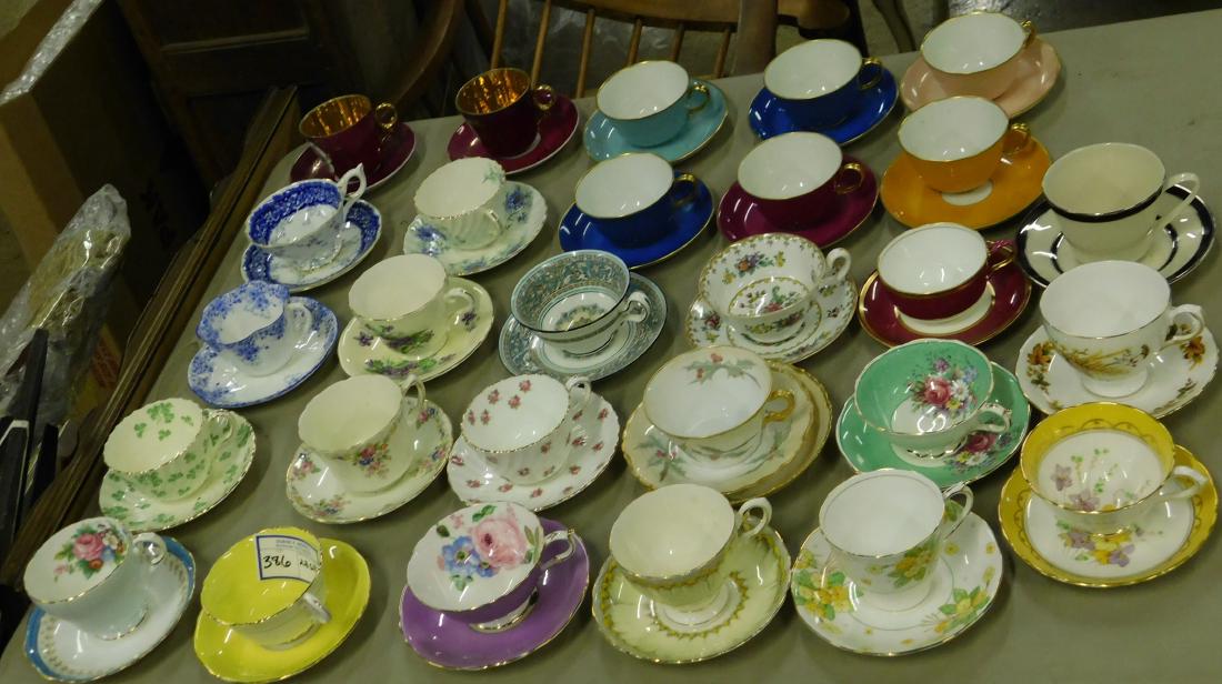 Collection of bone china cups and saucers: Collection of fine bone china cups and saucers including Shelley, Paragon, Aynsley, Wedgwood, Spode, Coalport, and other English and European makers 28 sets