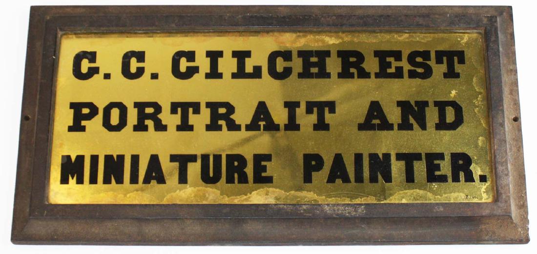 G C Gilchrist Portrait & Miniature Painter gilt sign: ca 1850's G C Gilchrist Portrait & Miniature Painter eglomise gold gilt sign (92 Merrimac St, Lowell, Massachusetts- later a photo studio employing daguerreians), signed Davis lower right corner, moun