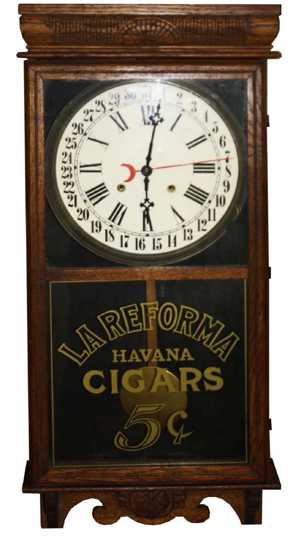 La Reforma Havana Cigars 5 cents regulator: La Reforma Havana Cigars 5 cents advertising regulator, oak case, ht 36 1/2"