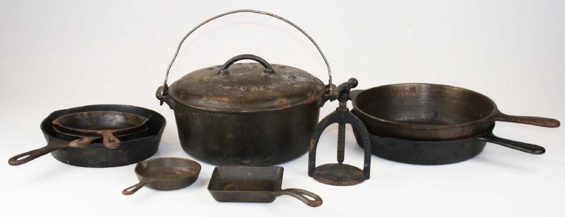 Lot of Cast Iron cookware including Griswold: Griswold Large Block logo Tite-Top dutch oven, Griswold Square egg skillet, Griswold Number 0 skillet, Wagnerware skillets, Griswold number 8 skillet