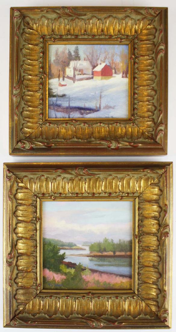 Gil Perry (VT 20thc) Two Small oil paintings: Gil Perry (Vermont 20th c) Two small oil paintings one of Winooksi River, One of home in winter both framed alike 4x4" signed lower left oil on board