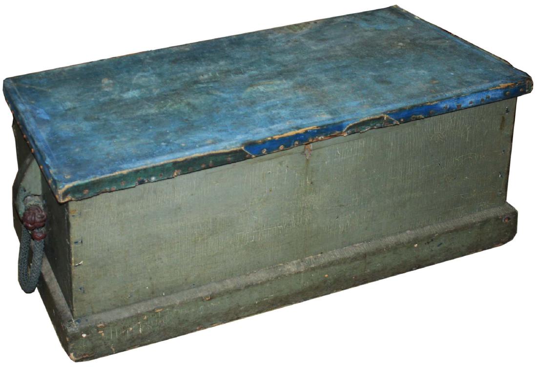 19th c. Blue painted Sea Captains chest: 19th c. Blue painted pine Sea Captain's chest, appears to have original rope handles, 40" long, 17" high, and 18" diameter.