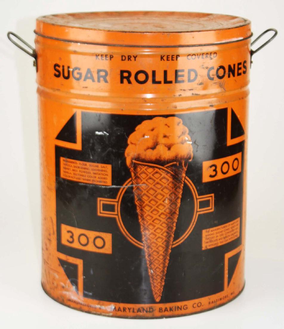 vintage Maryland Sugar Rolled Cones store tin: vintage Maryland Sugar Rolled Cones store tin, ht 15 1/2"