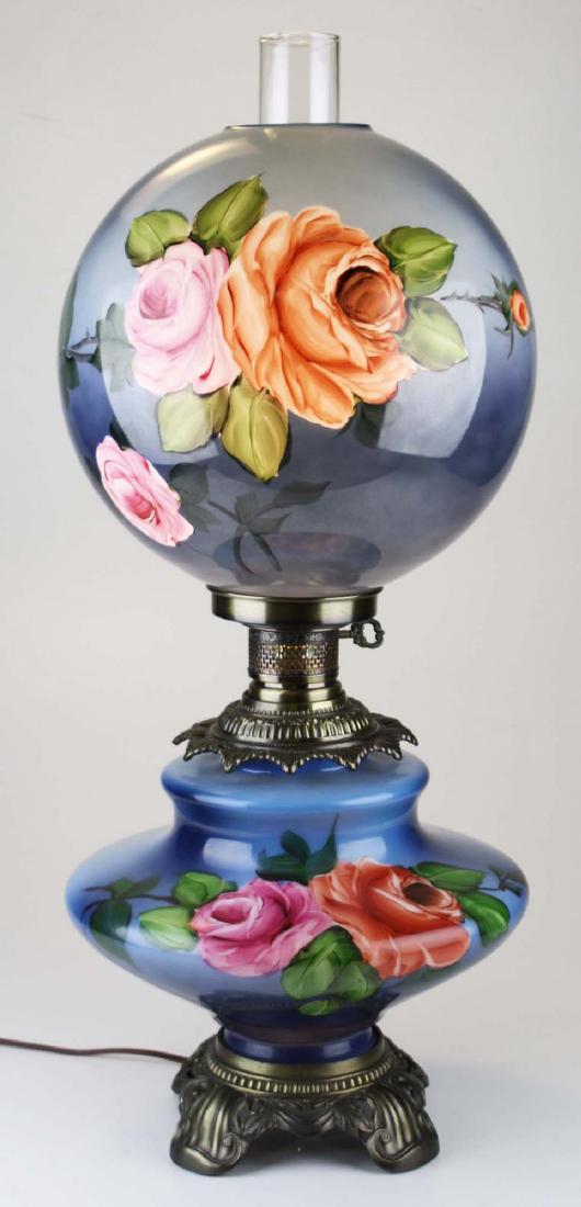 20th c. handpainted floral astral lamp: 20th c. reproduction handpainted floral milk glass "Gone With The Wind" style astral electric parlor lamp with spherical globe 28" x 12"