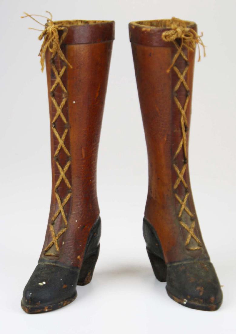 pr of 19th c carved & painted women's boots: pr of 19th c carved & painted women's lace-up boots, ht 8 1/2"