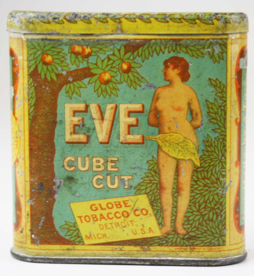 Eve pocket tobacco tin: Eve pocket tobacco tin, ht 3 1/2", slighly faded