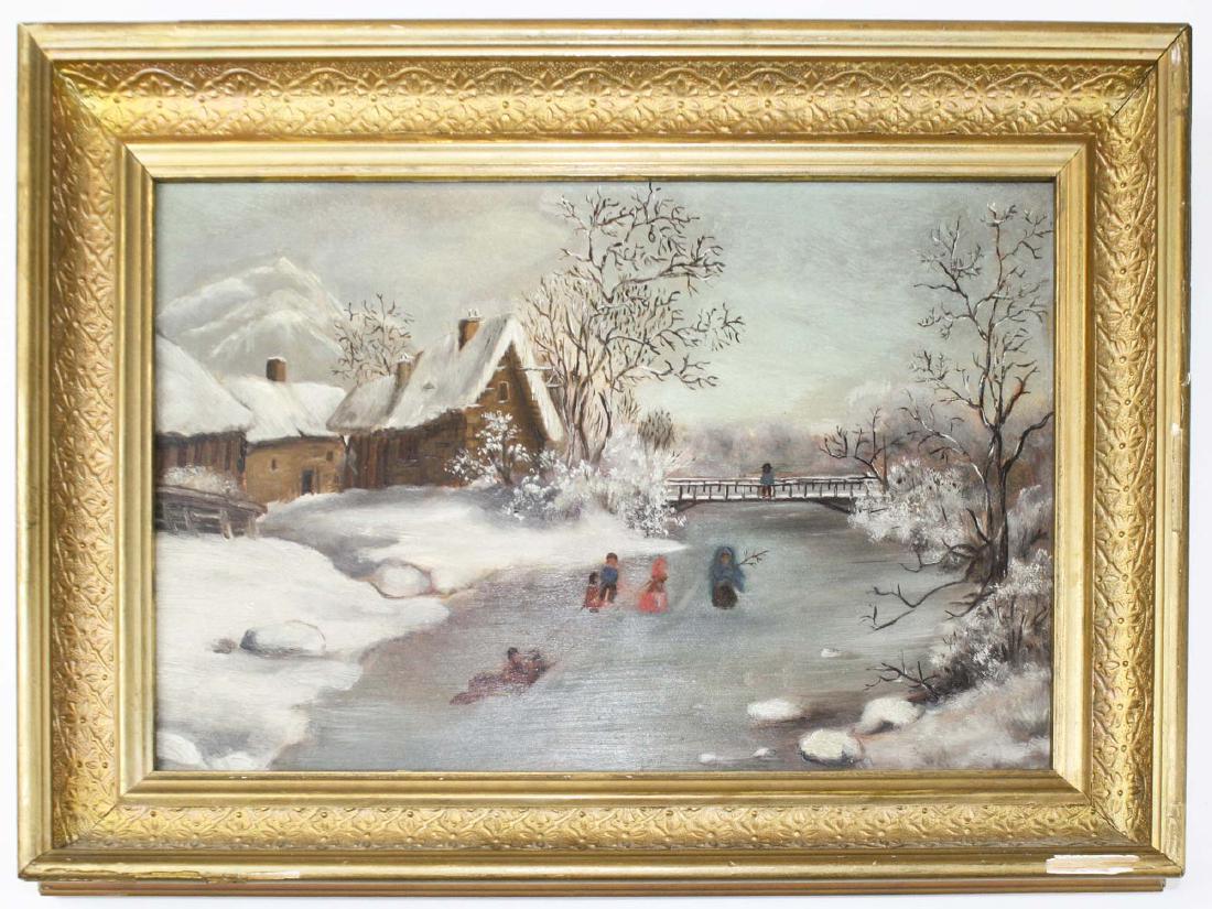 late 19th c primitive oil/ board winter scene (1 of 2)