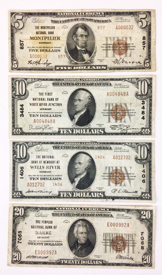 Four Vermont National Currency Bank Notes: Four Series of 1929 Vermont National Currency Bank Notes-$20 The Peoples National Bank of Barre VT, $10 The National Bank of Newbury at Wells River Vermont, $10 The First National Bank of White River 