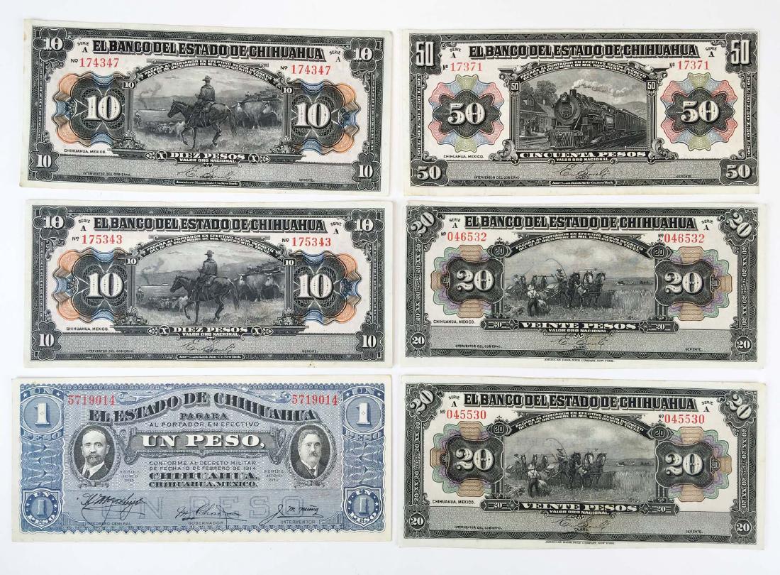 Six circa 1913 Mexican Bank notes: Six Bank notes from El Banco Del Estado De Chihuahua - Mexican Revolutionary currency- bills appear crisp and period but some have been rubber stamped as Souvenirs at a later date. 50 peso, 2x 20 peso