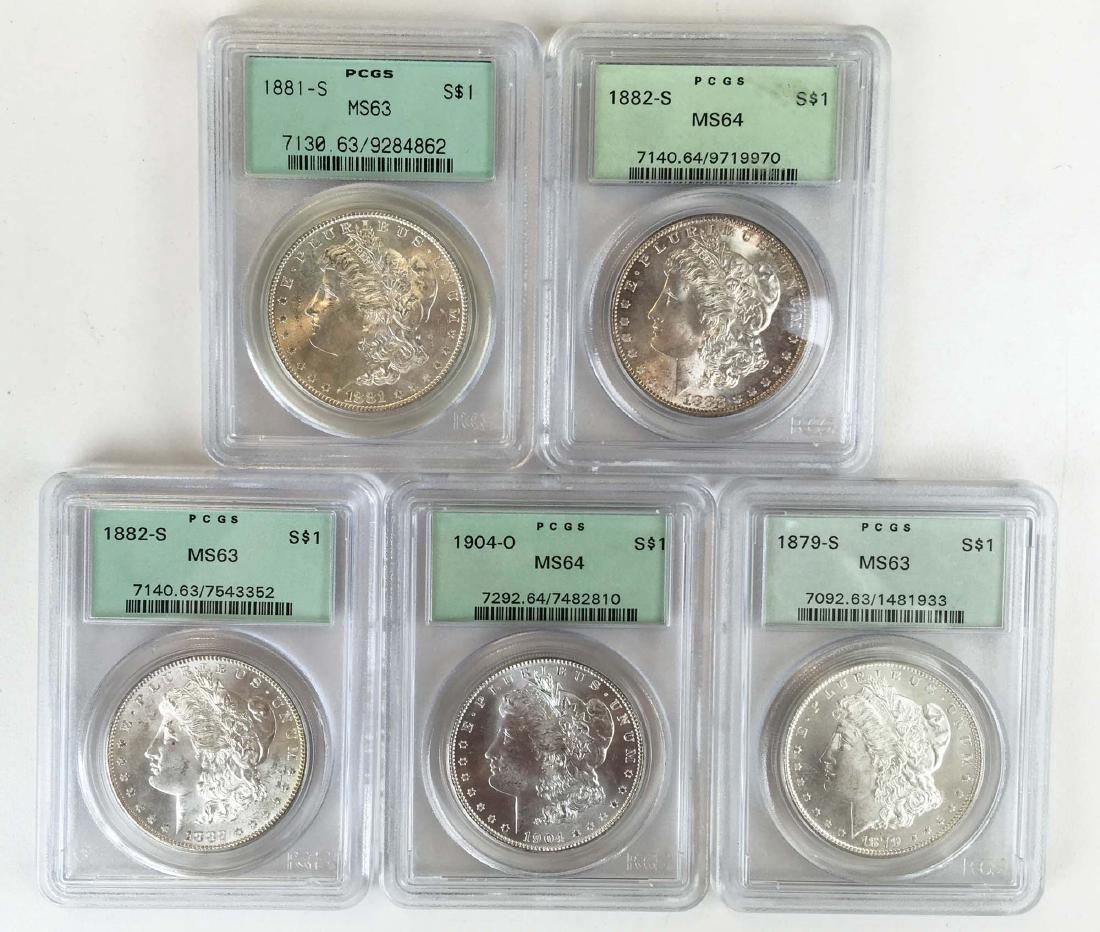 5 MS63 PGCS  graded Morgan silver dollars (1 of 2)