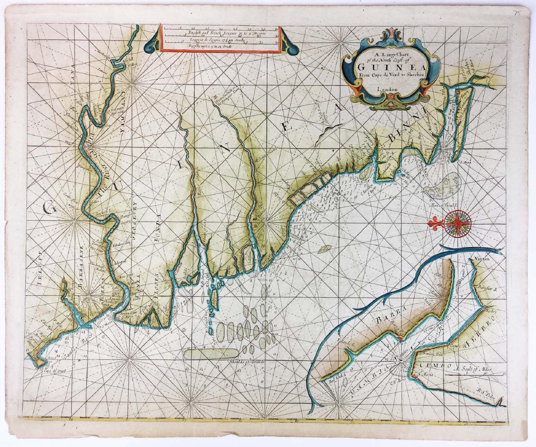 ca 1780 map Guinea by John Seller: ca 1780 "A large chart of the north coast of Guinea from Cape de Verde to Sherbro" after John Seller, London, 1671, hand-colored 2 sheet map, plate size 17 1/2" x 21 1/4"