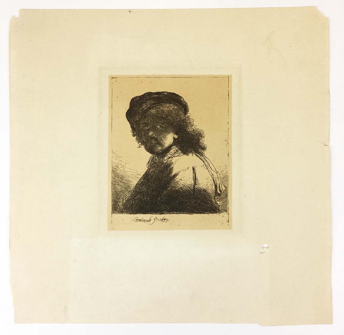 20th c Rembrandt restrike on Arches paper: Rembrandt van Rijn (Dutch 1606- 1669) 1633 self portrait, 20th c restrike on Arches paper (probably ca 1929 Byblis), impression size 5 3/4" x 4 3/4"