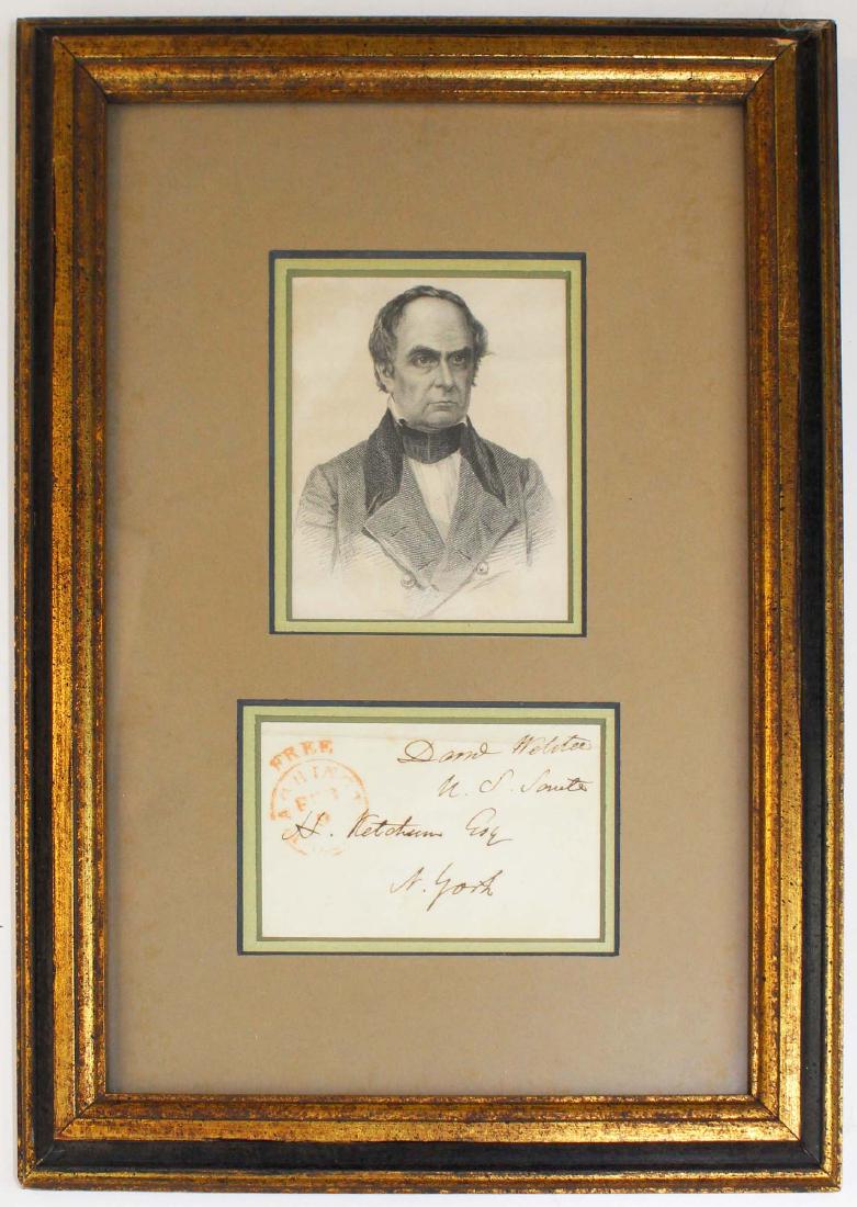 ca 1859 Daniel Webster signed postal cover: ca 1859 Daniel Webster (1782- 1852) signed postal cover with US Senate franking cancel addressed to H Ketchum, N York, framed with an engraving of Webster (Daniel Webster was a US Senator from 1827 to