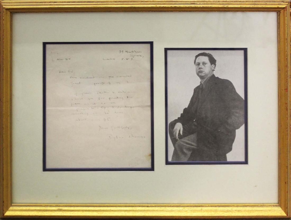 1945 Dylan Thomas autograph letter signed: 1945 Dylan Thomas (1914- 1953) autograph letter signed, to a publisher, w/ Kenneth W Rendell gallery coa, framed with a photo of Thomas