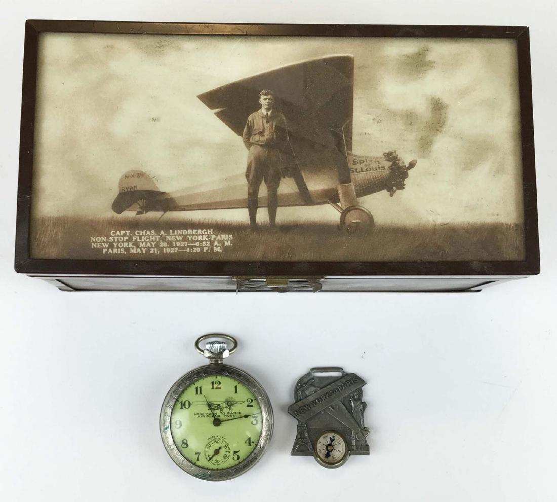 3 Charles Lindbergh souvineer pieces: 3 Charles Lindbergh souvineer pieces, photo top box (lock damaged), NY to Paris compass pin, NY to Paris pocket watch
