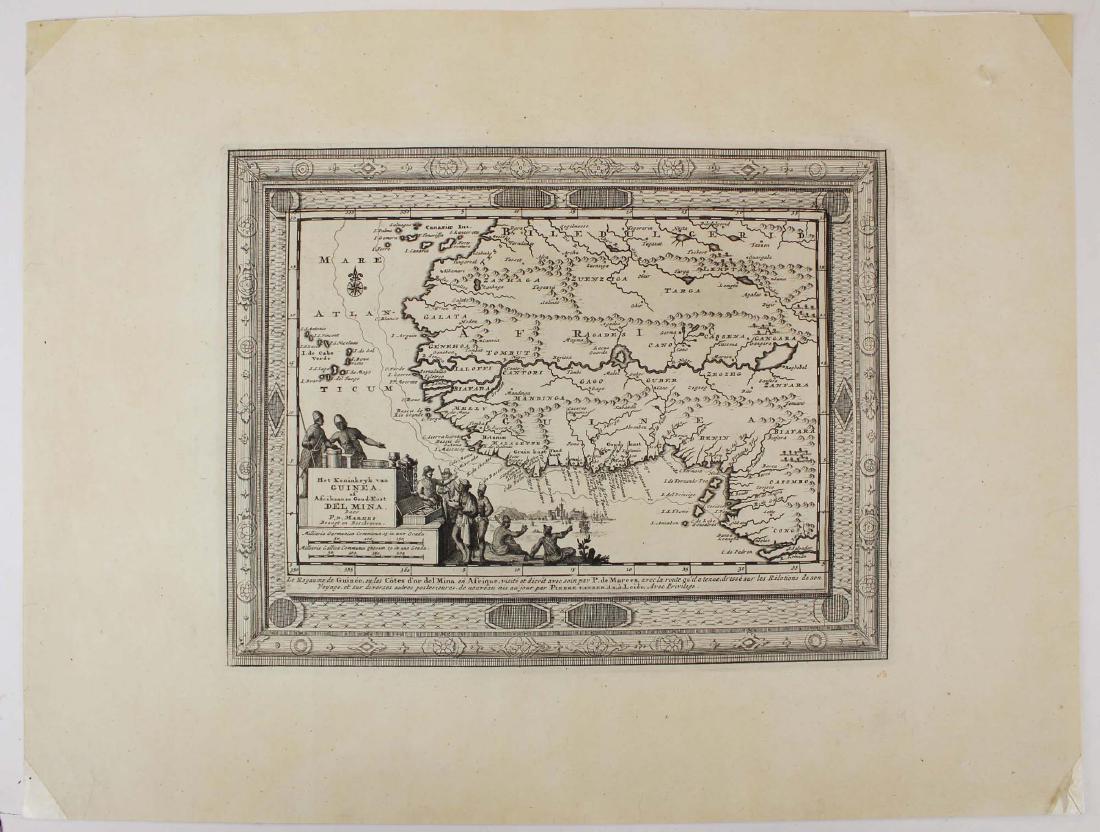 1602 Gold Coast of Guinea Pieter de Marees: 1602 Het Koninkryk van Guinea of Afrikaanse Goud-Kust Del Mina door by Pieter de Marees, who wrote an early history of the Gold Coast, interesting vignette of Gold Coast traders, plate size 8 3/4" x 1