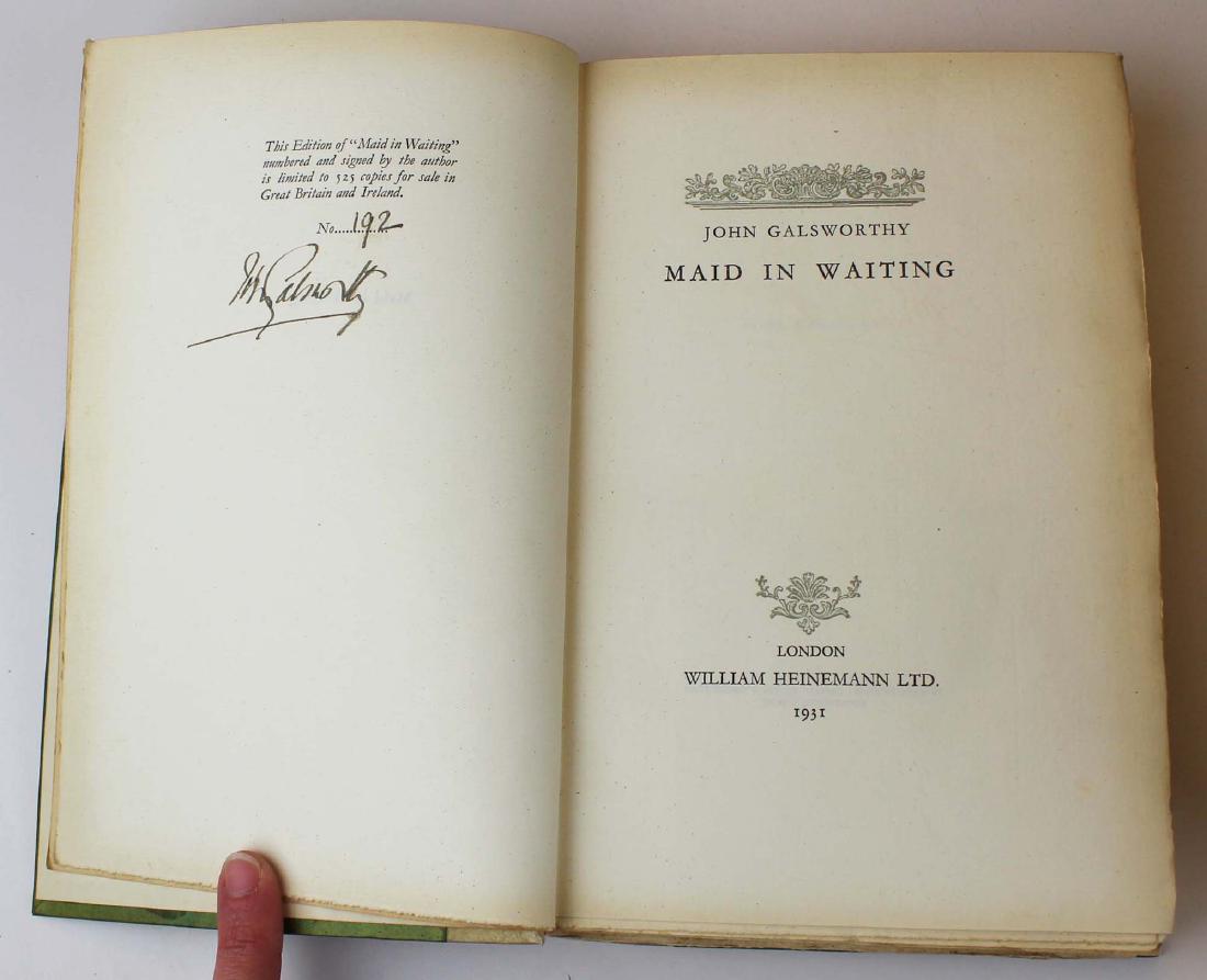 1931 Galsworthy, 1893 Robert Burton 3 vol: 1931 John Galsworthy "Maid in Waiting", signed, limited, & numbered, 1893 Robert Burton's "Anatomy of Meloncholy" (3 vols), all with half vellum bindings