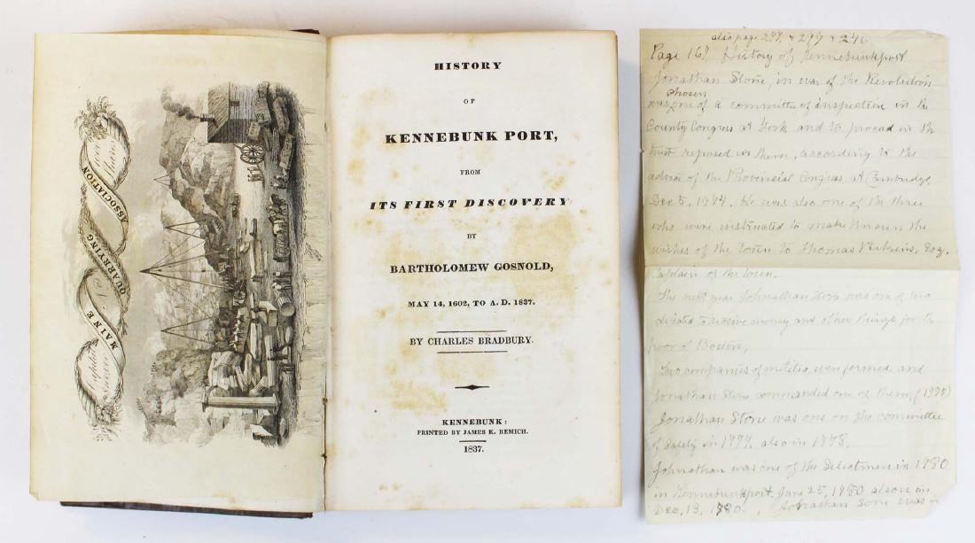 1837 History of Kennebunk Port by Bradbury: 1837 The History of Kennebunk Port by Charles Bradbury, with additional hand written information on Jonathan Stone, original cloth boards, unrestored, some minor staining