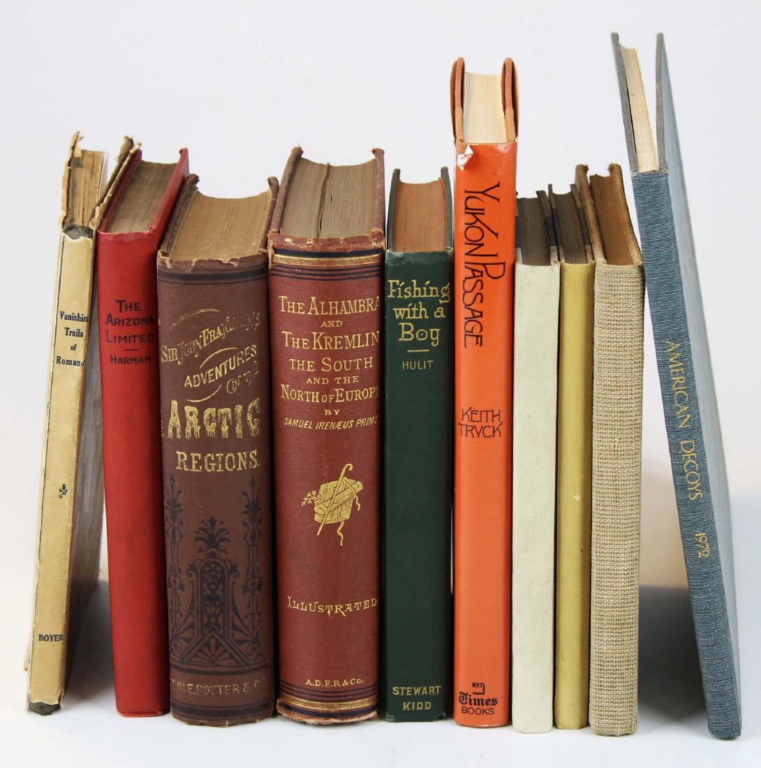 Lot of books on Adventure: Fishing with a Boy, Vanishing Trails of Romance, The Auto Guest book of Mobile Maxims, Sir John Franklin's Adventures in the Arctic Regions, The Alahambra and the Kremlin, The Arizona Limited, The Aut