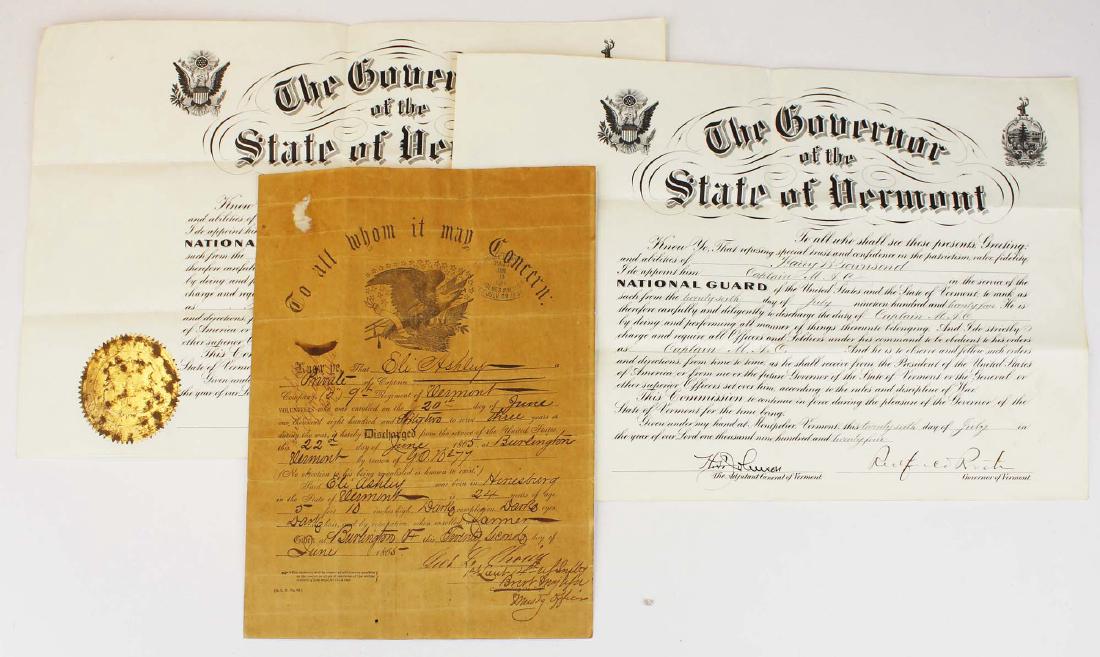 Three Vermont military commissions: 1865 Eli Ashley Civil War Discharge, two 1920's Comissions for Harry Townsend as 1st Lt. and as Captain.