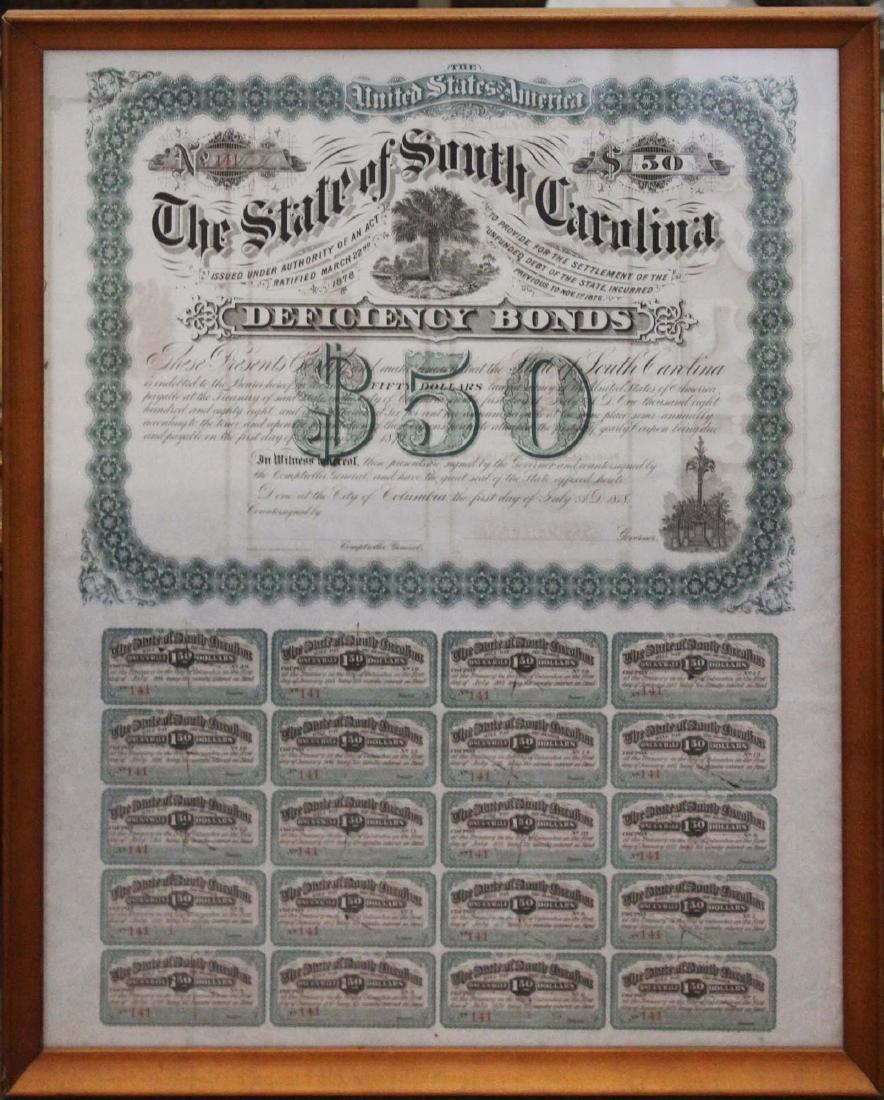 1878 State of South Carolina $50 Bond: 1878 State of South Carolina $50 Deficiency Bond (un-issued, cancelled), No. 141, Palmetto vignette, printed by Walker, Evans, & Cogswell, Charleston, South Carolina, 20" x 16"
