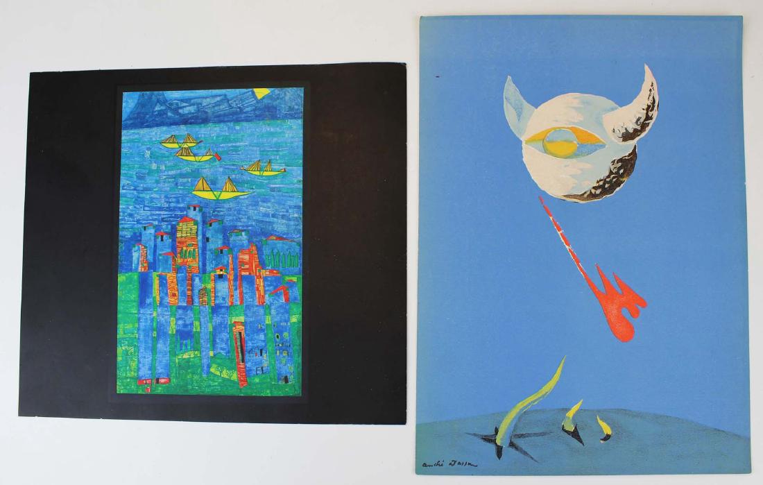 2 Modern prints: The Moon by Andre Masson, 13 7/8" x 10 3/7", Gelbe Schiffe by Friedensreich Hundertwasser, 11" x 12 1/2"